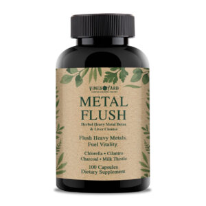 Metal Flush heavy metal detox supplement – herbal capsules with cilantro, chlorella, charcoal, and milk thistle for full-body detox and vitality support
